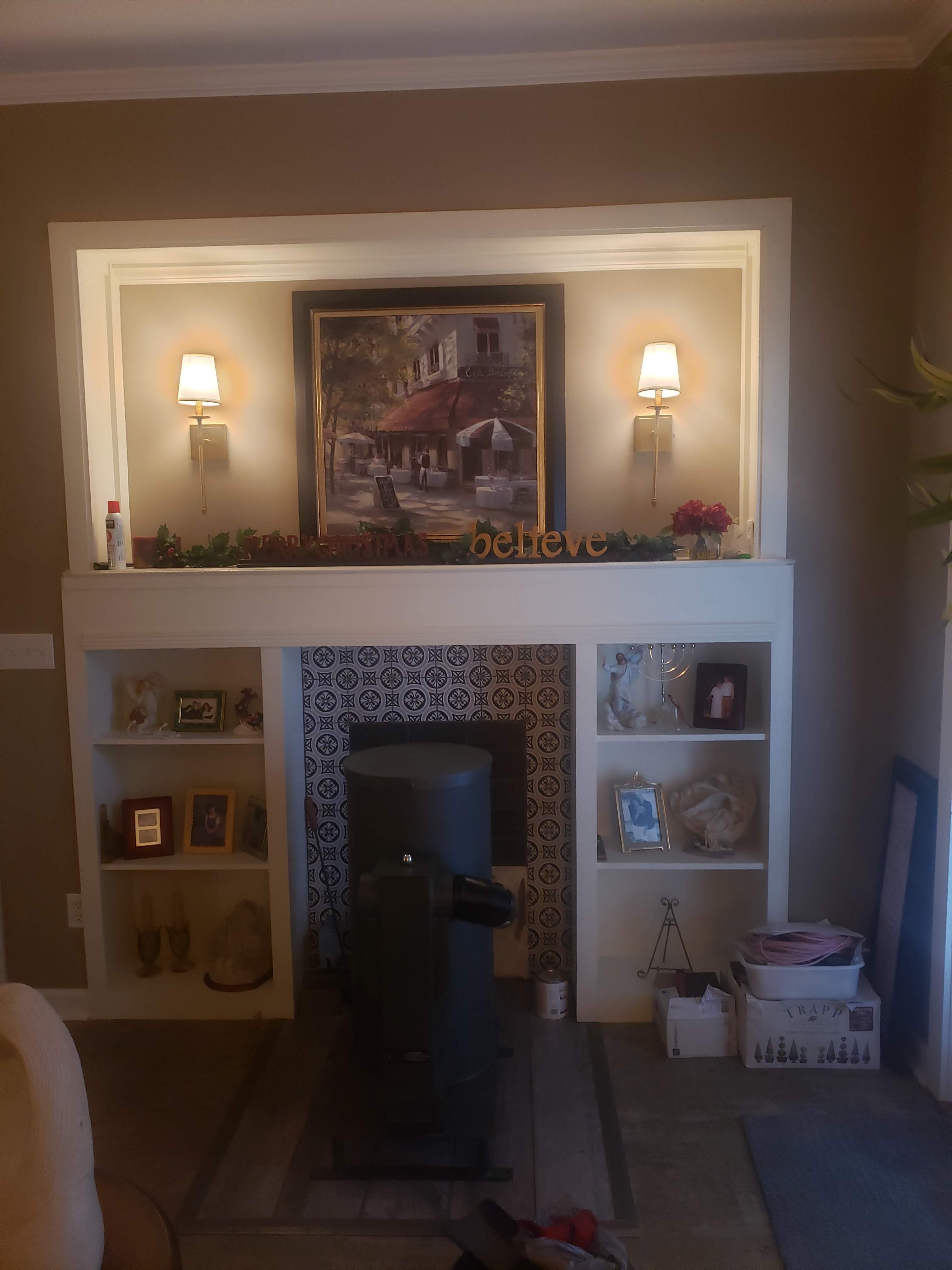 Living room fireplace built-in after paint refresh